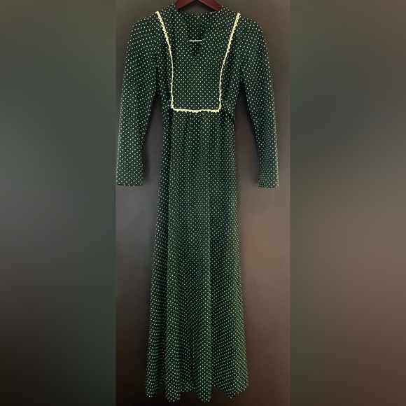 Vintage Dresses & Skirts - Vintage 70s Bib Front Tie Back Prairie Long Sleeve Maxi Dress